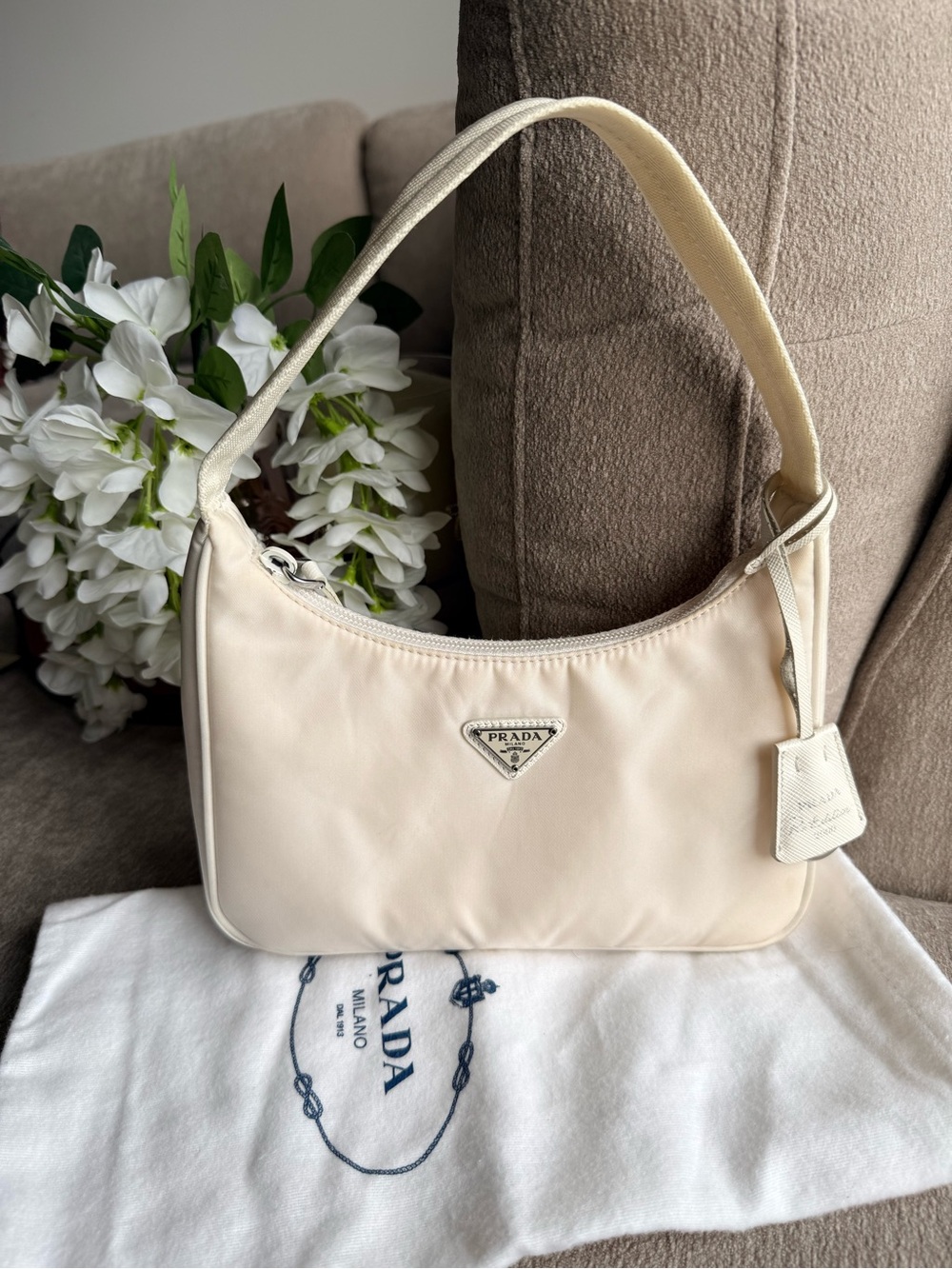 Prada Re-Edition Cream Shoulder Bag with Silver Logo Hardware Authentic